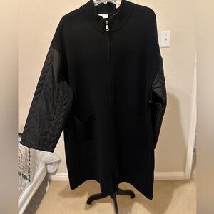 STRAZZI long black sweater with zipper, quilted sleeves . Size X-Large. NWOT.